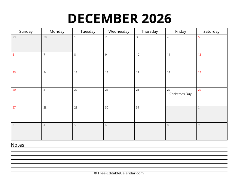 December 2026 Calendar with Notes