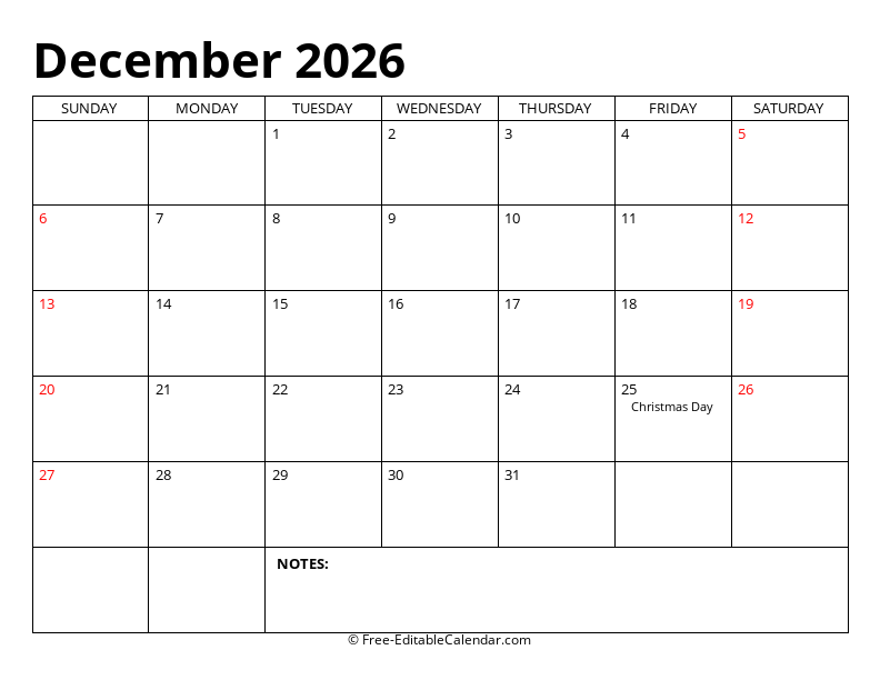 December 2026 Editable Calendar