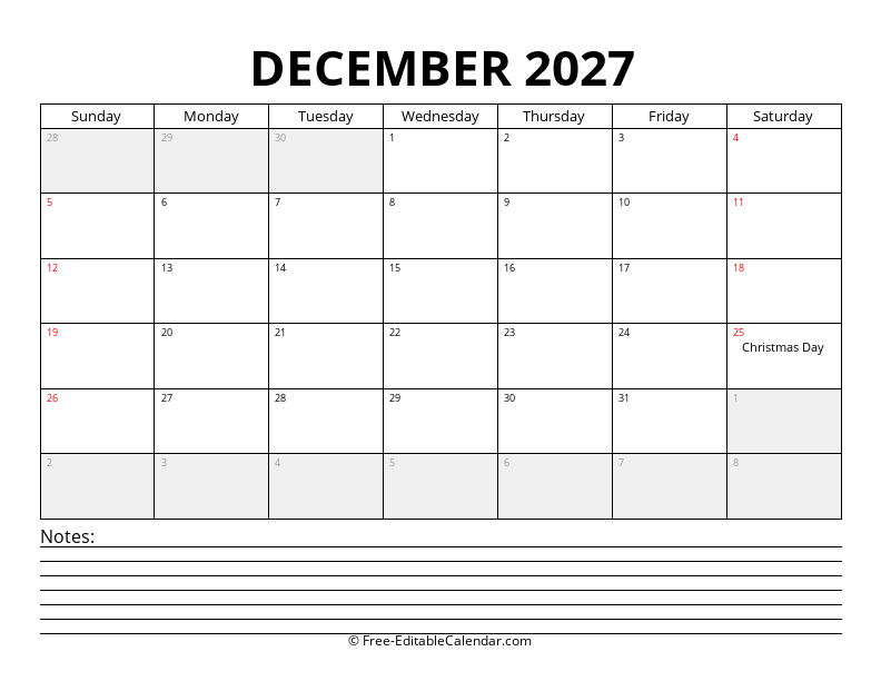 December 2027 Calendar with Notes