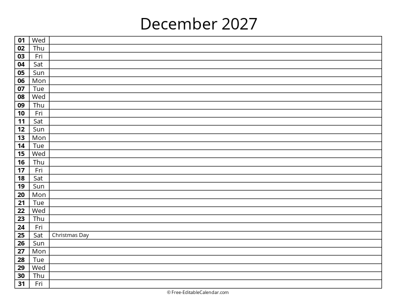 December 2027 Daily List Calendar