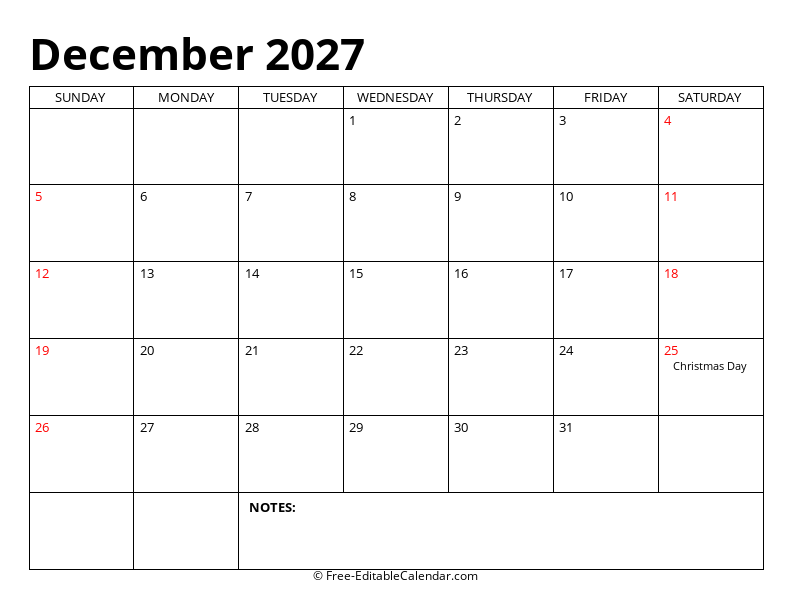 December 2027 Editable Calendar