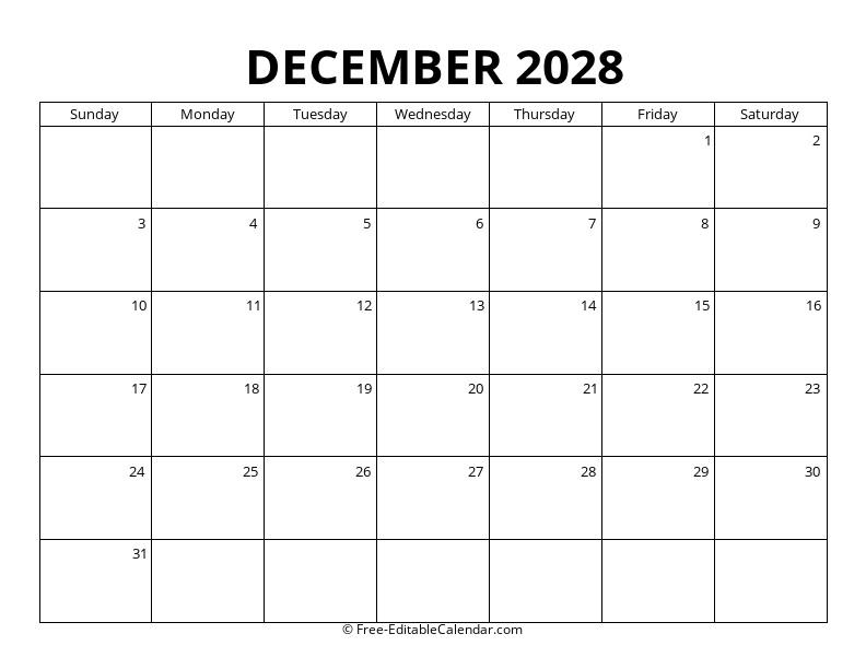 December 2028 Blank Calendar