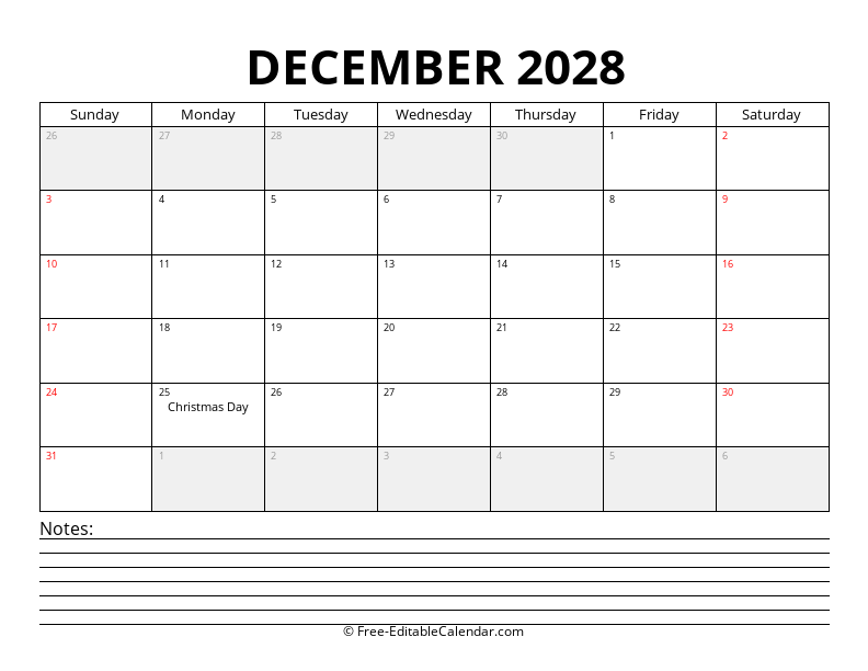 December 2028 Calendar with Notes