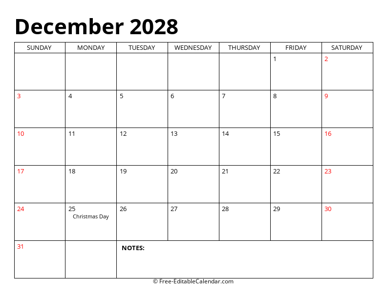 December 2028 Editable Calendar