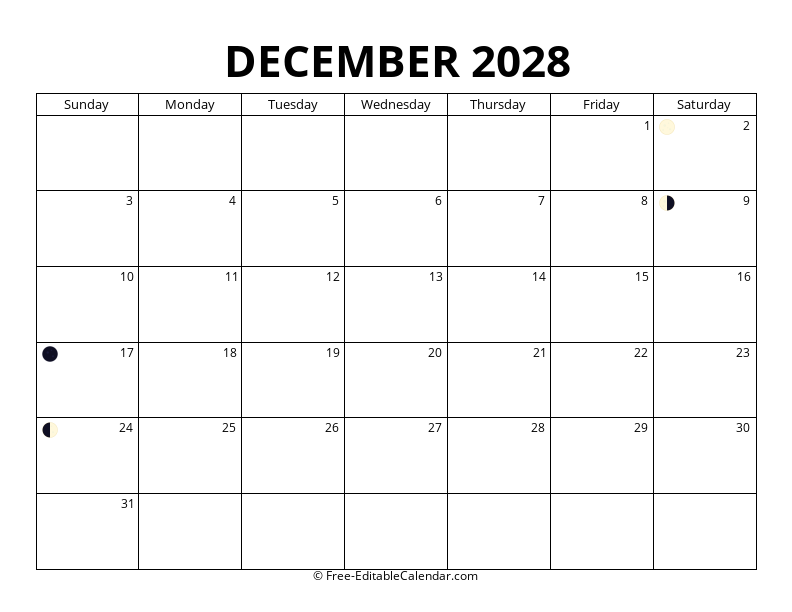December 2028 Moon Phase Calendar