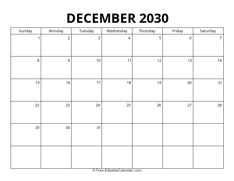 December 2030 Blank Calendar