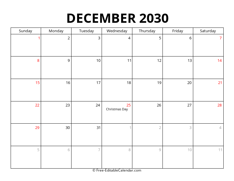 December 2030 Calendar with Holidays