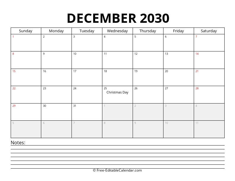 December 2030 Calendar with Notes