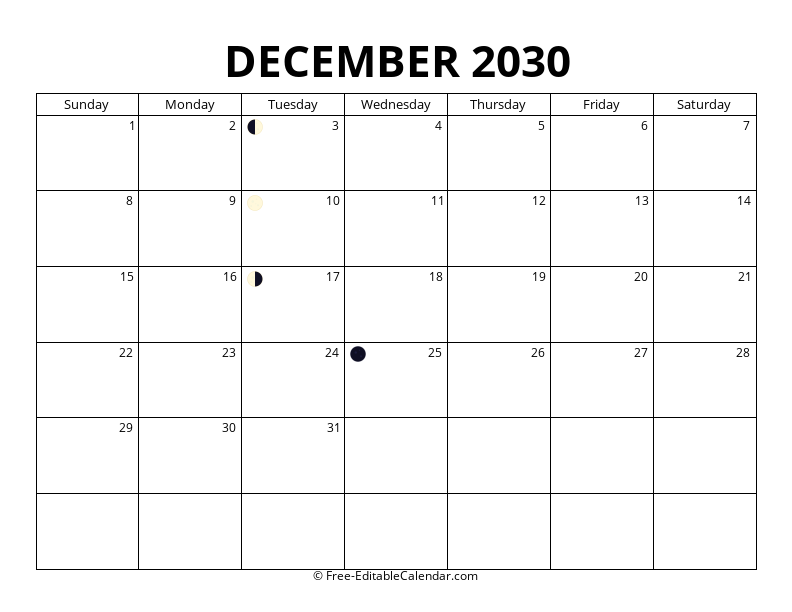 December 2030 Moon Phase Calendar