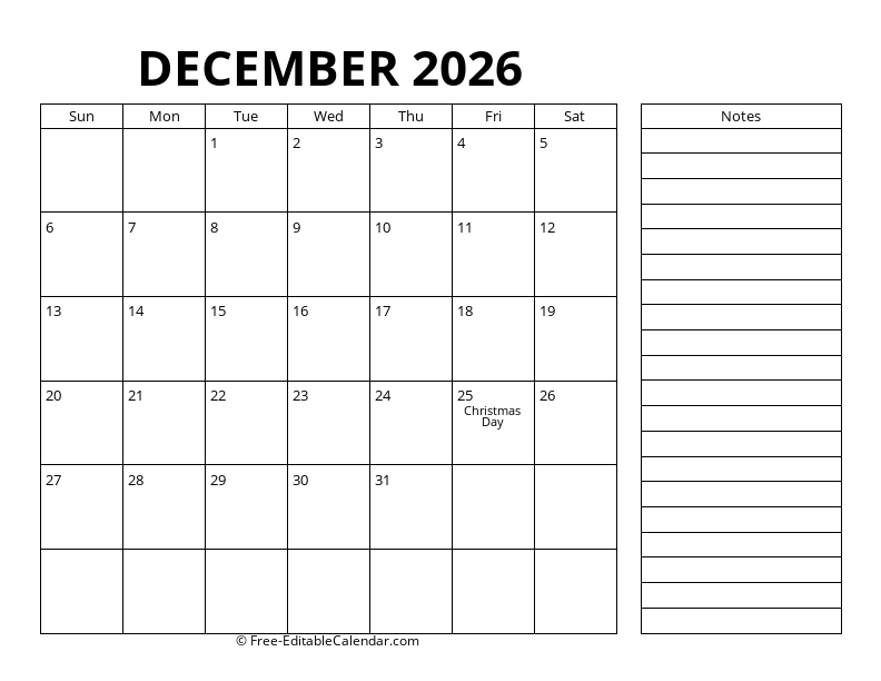 December Calendar 2026 with right notes