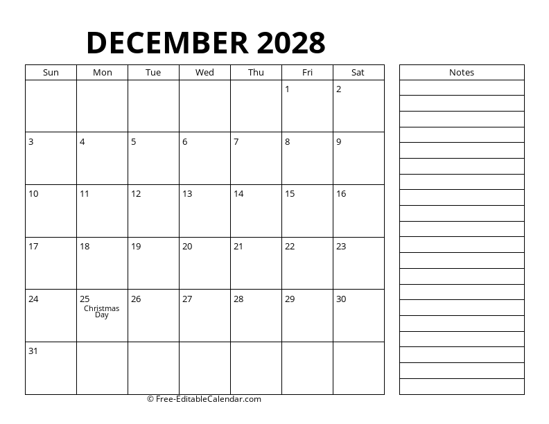December Calendar 2028 with right notes