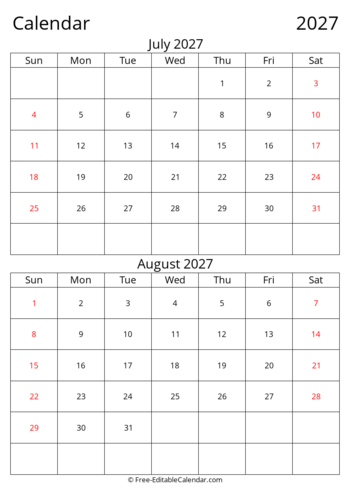 Editable 2027 Bi-monthly Calendar July August