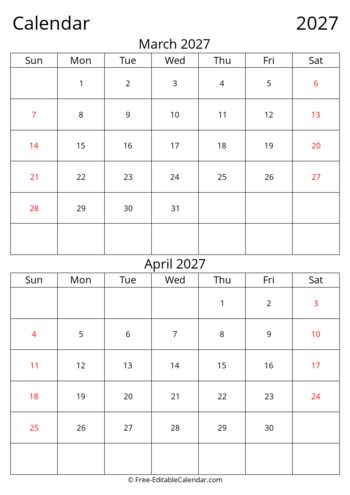 Editable 2027 Bi-monthly Calendar March April
