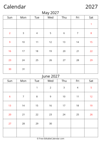 Editable 2027 Bi-monthly Calendar May June