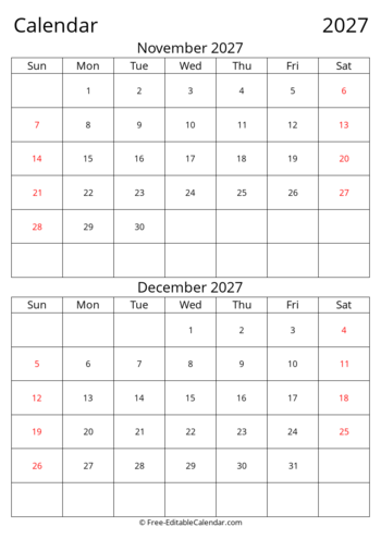 Editable 2027 Bi-monthly Calendar November December