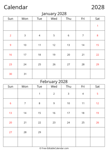 Editable 2028 Bi-monthly Calendar January February