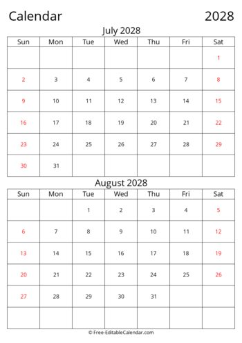 Editable 2028 Bi-monthly Calendar July August