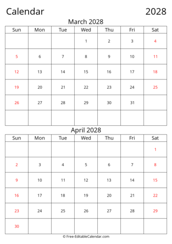 Editable 2028 Bi-monthly Calendar March April