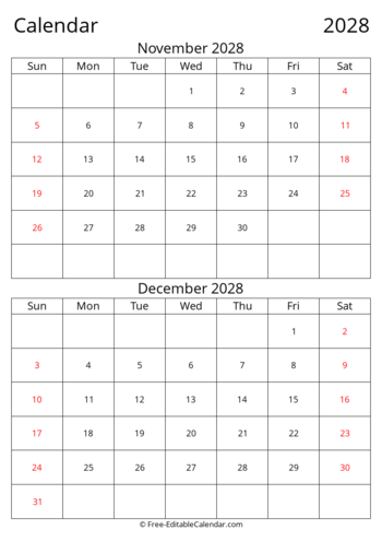Editable 2028 Bi-monthly Calendar November December