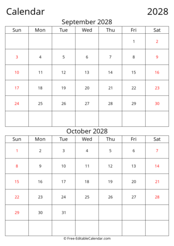 Editable 2028 Bi-monthly Calendar September October