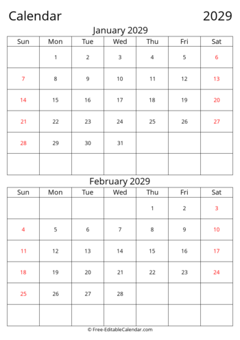 Editable 2029 Bi-monthly Calendar January February