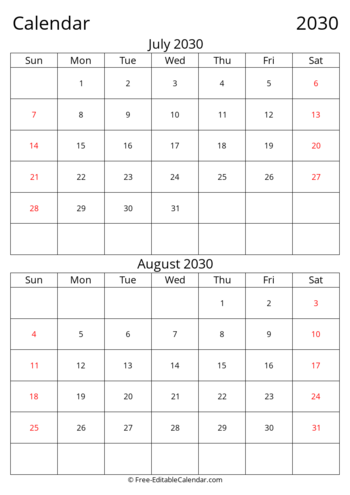 Editable 2030 Bi-monthly Calendar July August