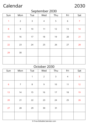 Editable 2030 Bi-monthly Calendar September October