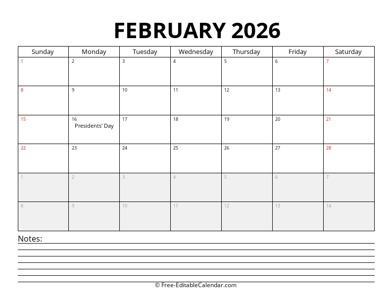 February 2026 Calendar with Notes