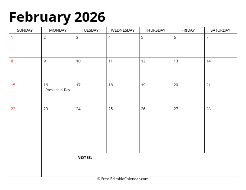 February 2026 Editable Calendar