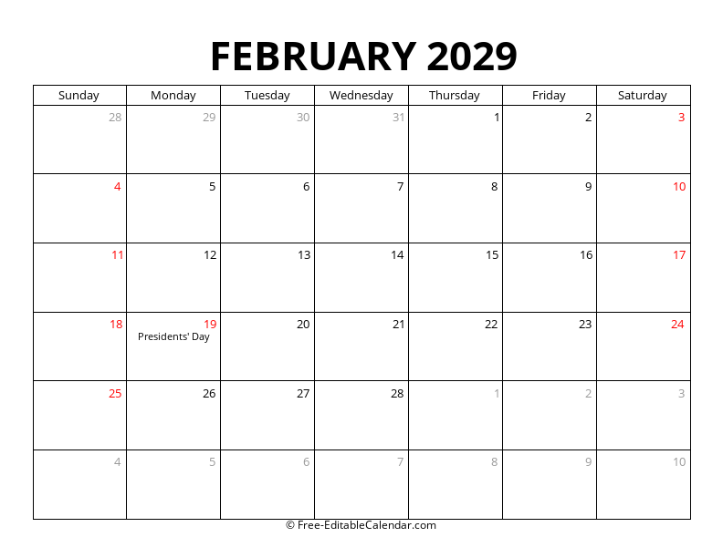 February 2029 Calendar with Holidays