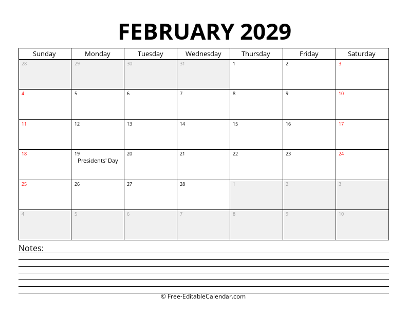 February 2029 Calendar with Notes