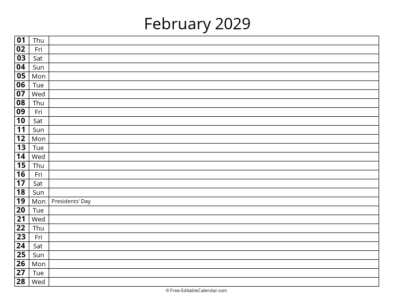 February 2029 Daily List Calendar