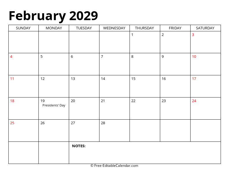 February 2029 Editable Calendar