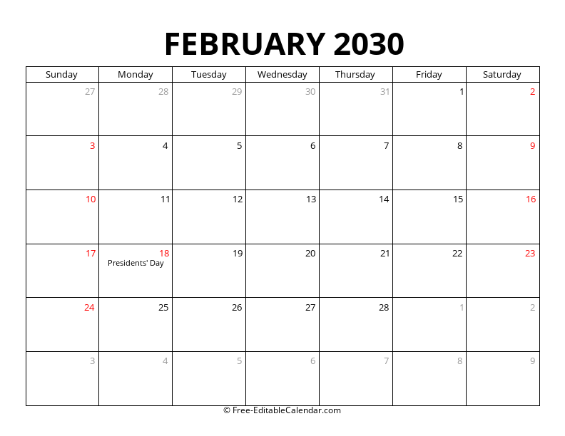 February 2030 Calendar with Holidays