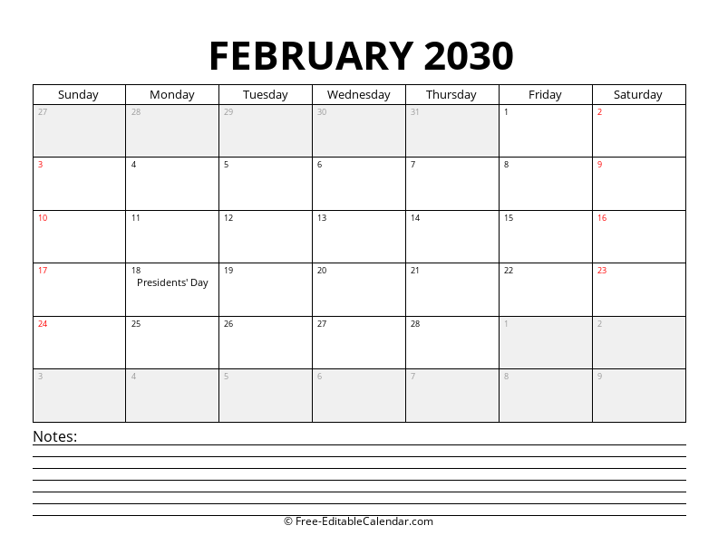 February 2030 Calendar with Notes