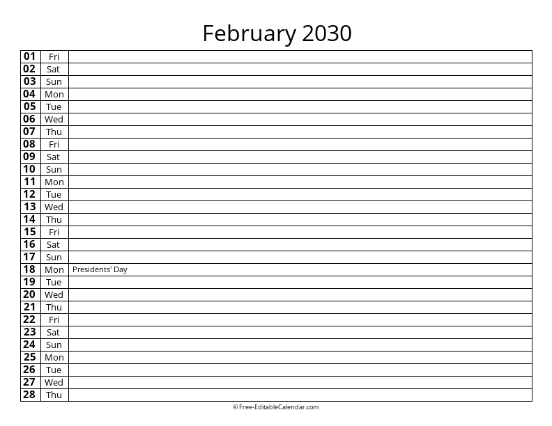 February 2030 Daily List Calendar