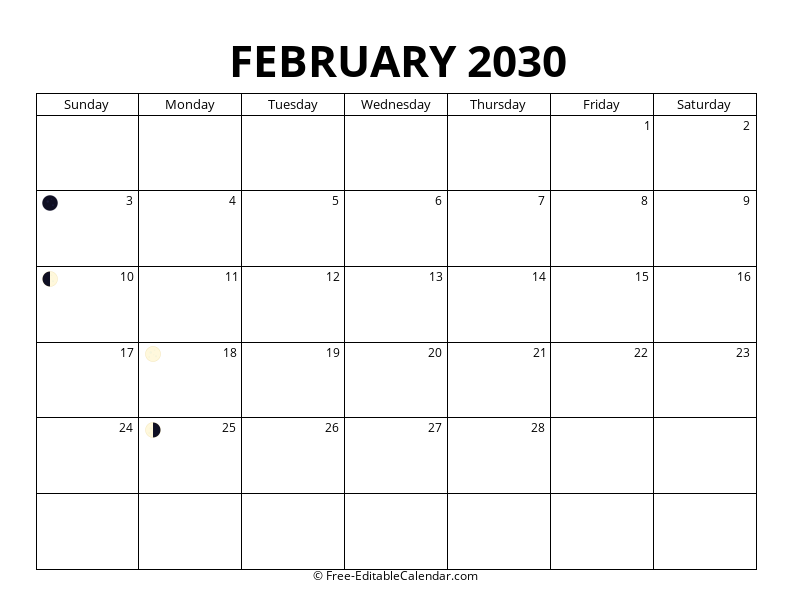 February 2030 Moon Phase Calendar