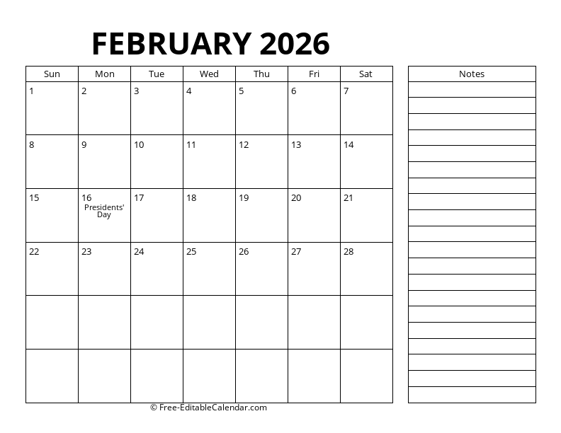 February Calendar 2026 with right notes