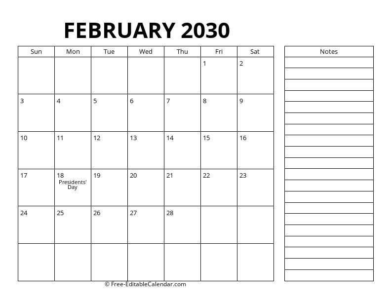 February Calendar 2030 with right notes