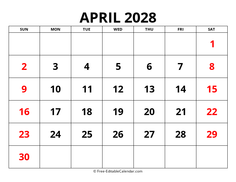 Fillable Calendar April 2028