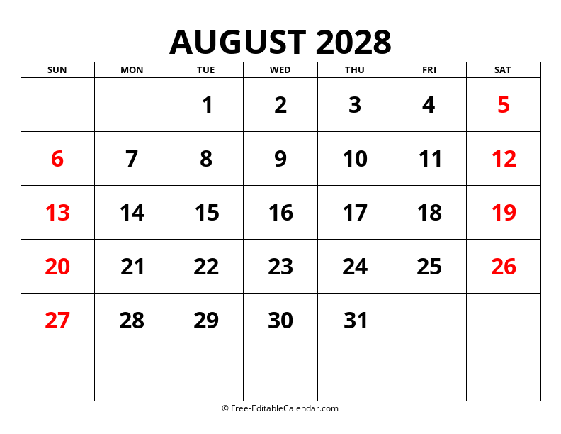 Fillable Calendar August 2028