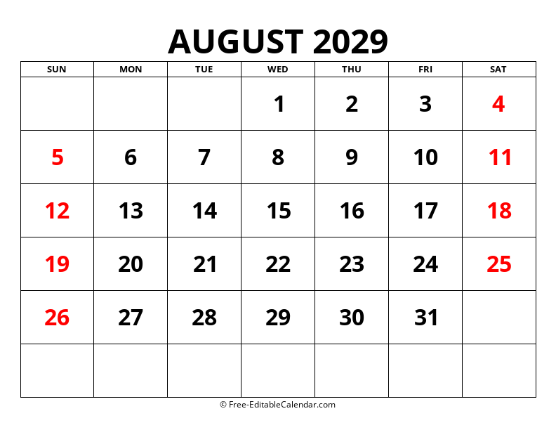 Fillable Calendar August 2029