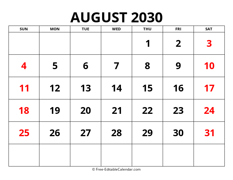 Fillable Calendar August 2030