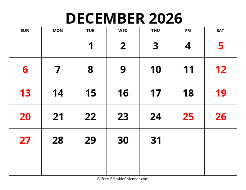 Fillable Calendar December 2026