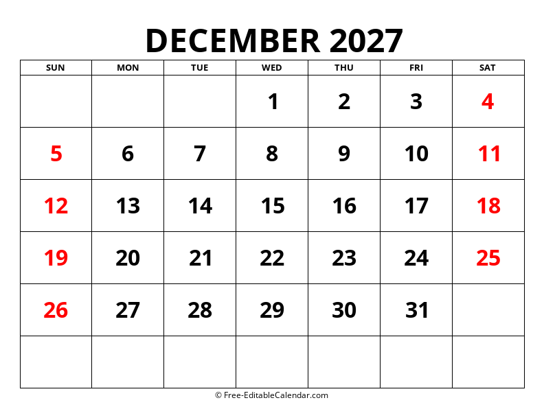 Fillable Calendar December 2027
