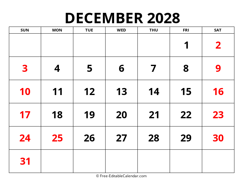 Fillable Calendar December 2028