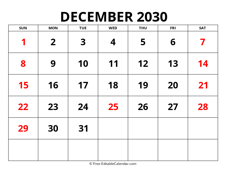 Fillable Calendar December 2030