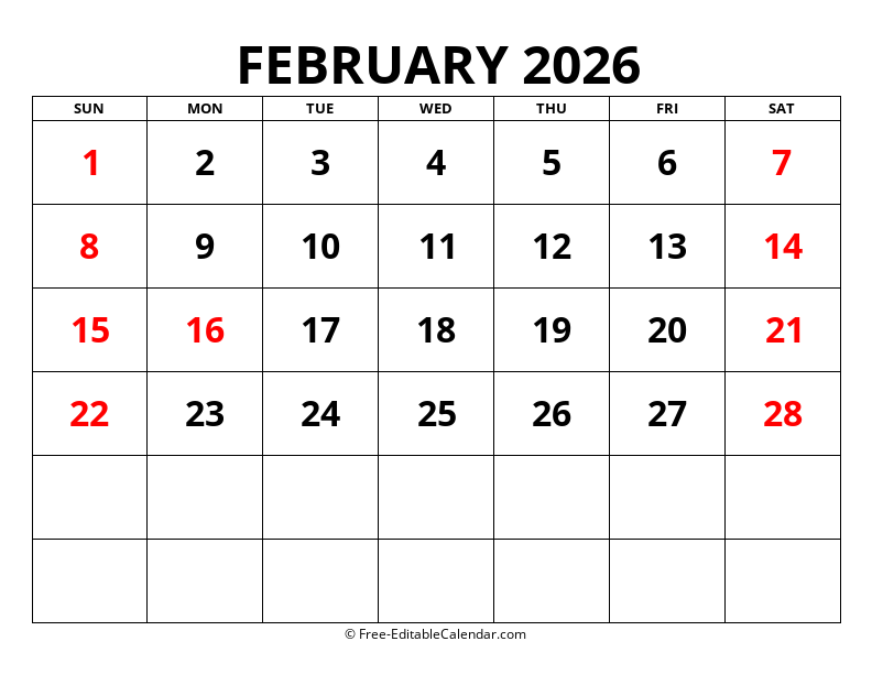 Fillable Calendar February 2026