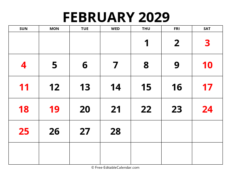 Fillable Calendar February 2029