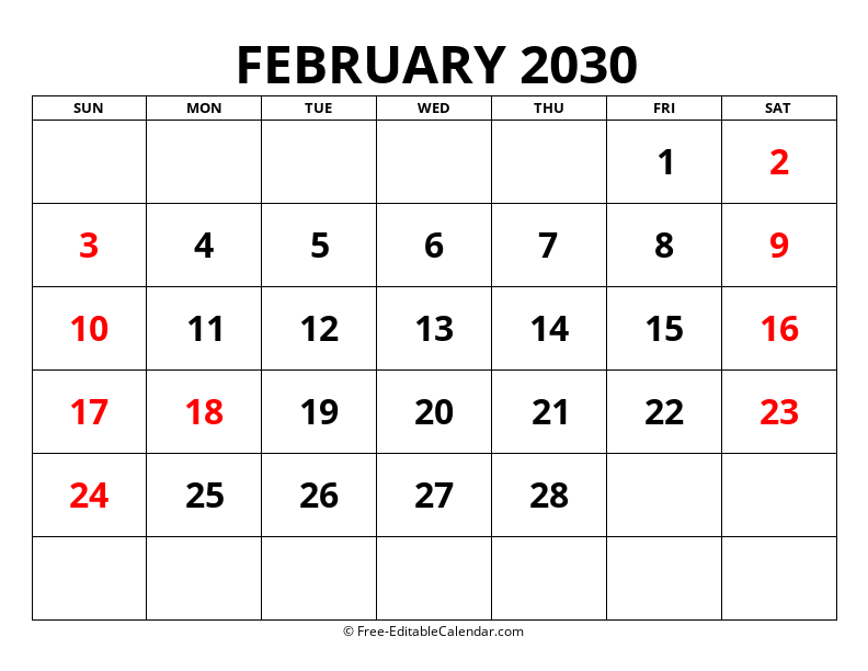 Fillable Calendar February 2030